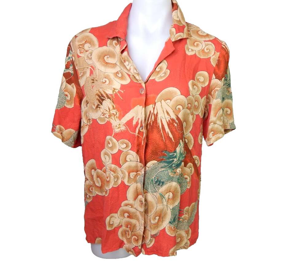 Citron Santa Monica Women's Small Top 100% Silk Dragon Mt Fuji Button Front Red